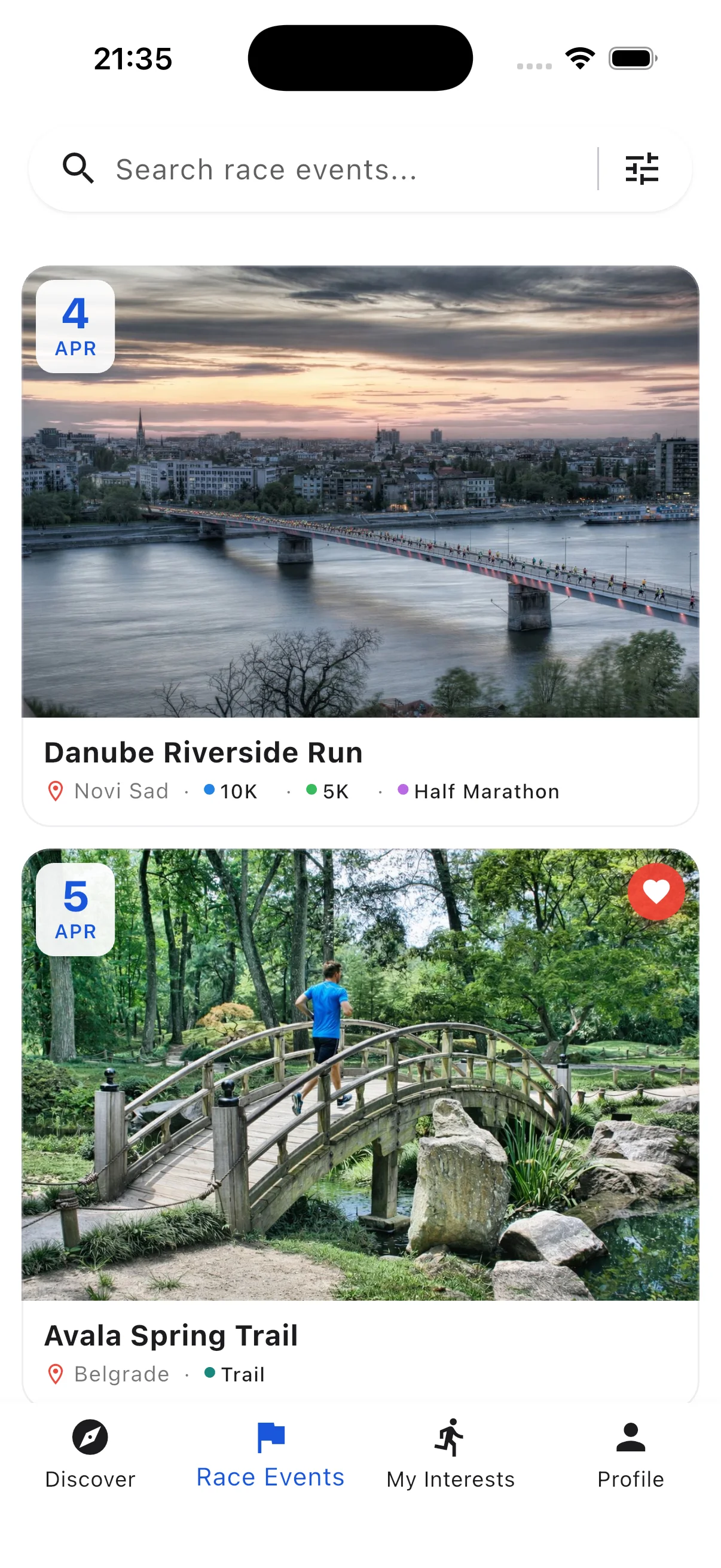 Runqo app race events list with filters